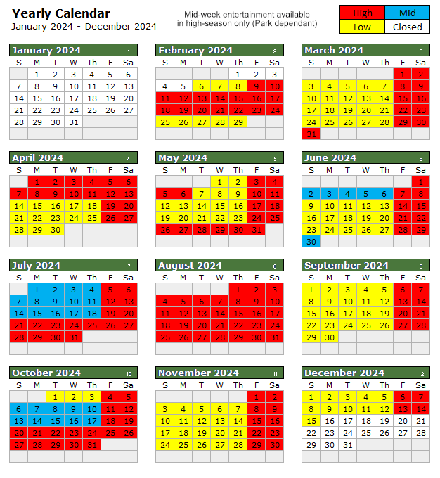 high mid and low season dates for partingtons holiday parks uk