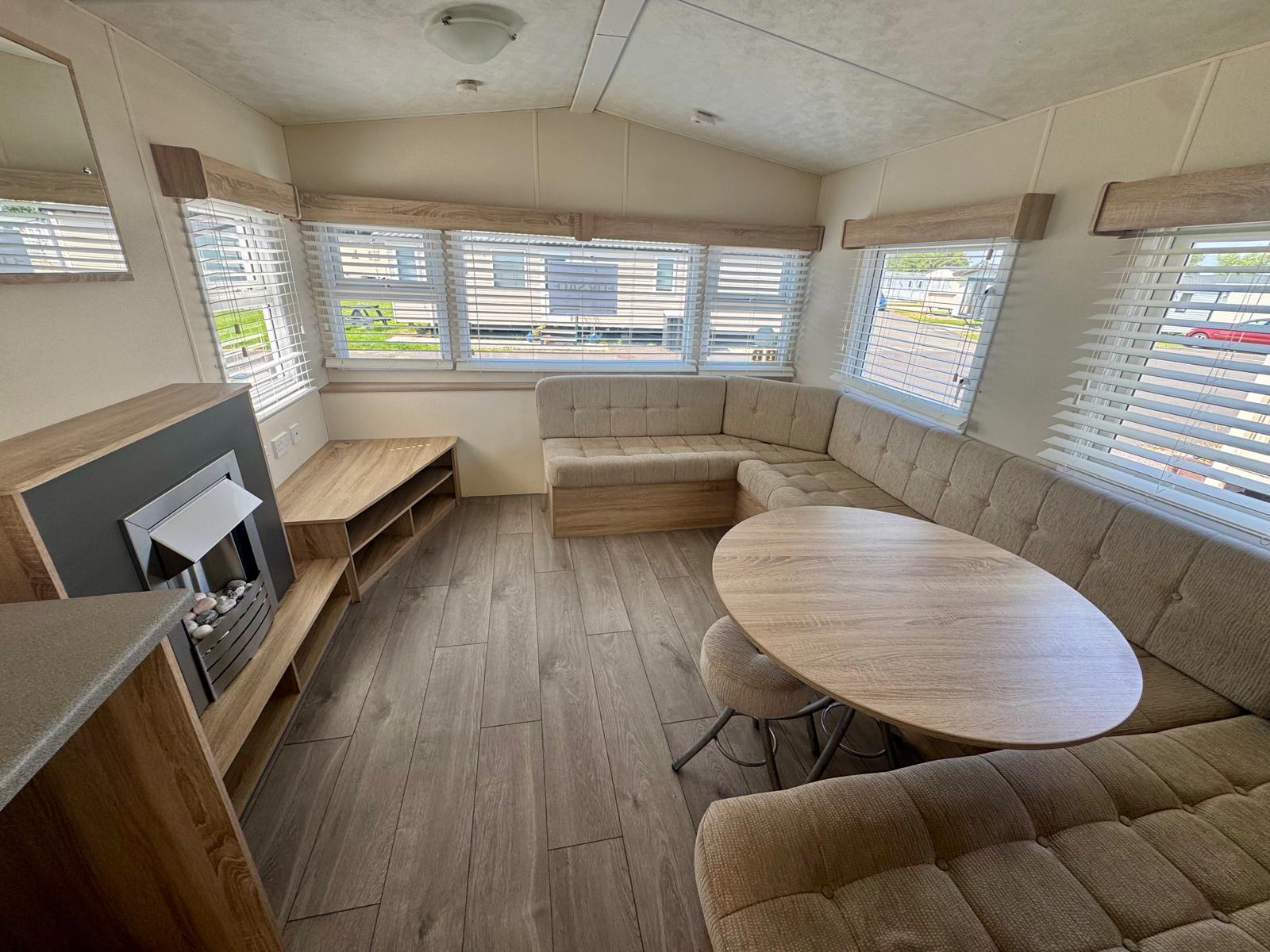 Open plan living space in the Delta Santana 2019 caravan at Windy Harbour Holiday Park