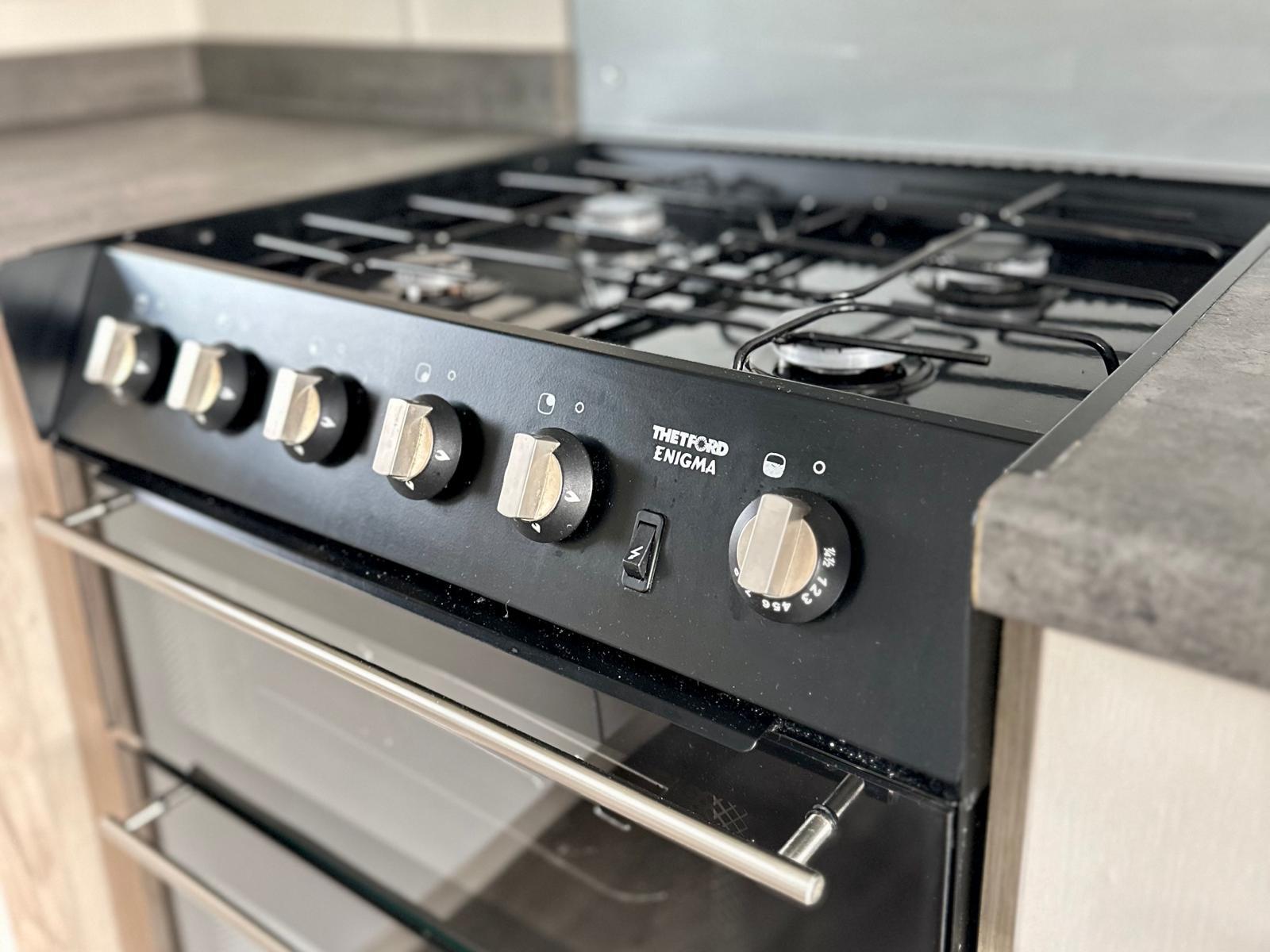Gas oven and hob in the Willerby Linwood 2022 caravan at Windy Harbour Holiday Park