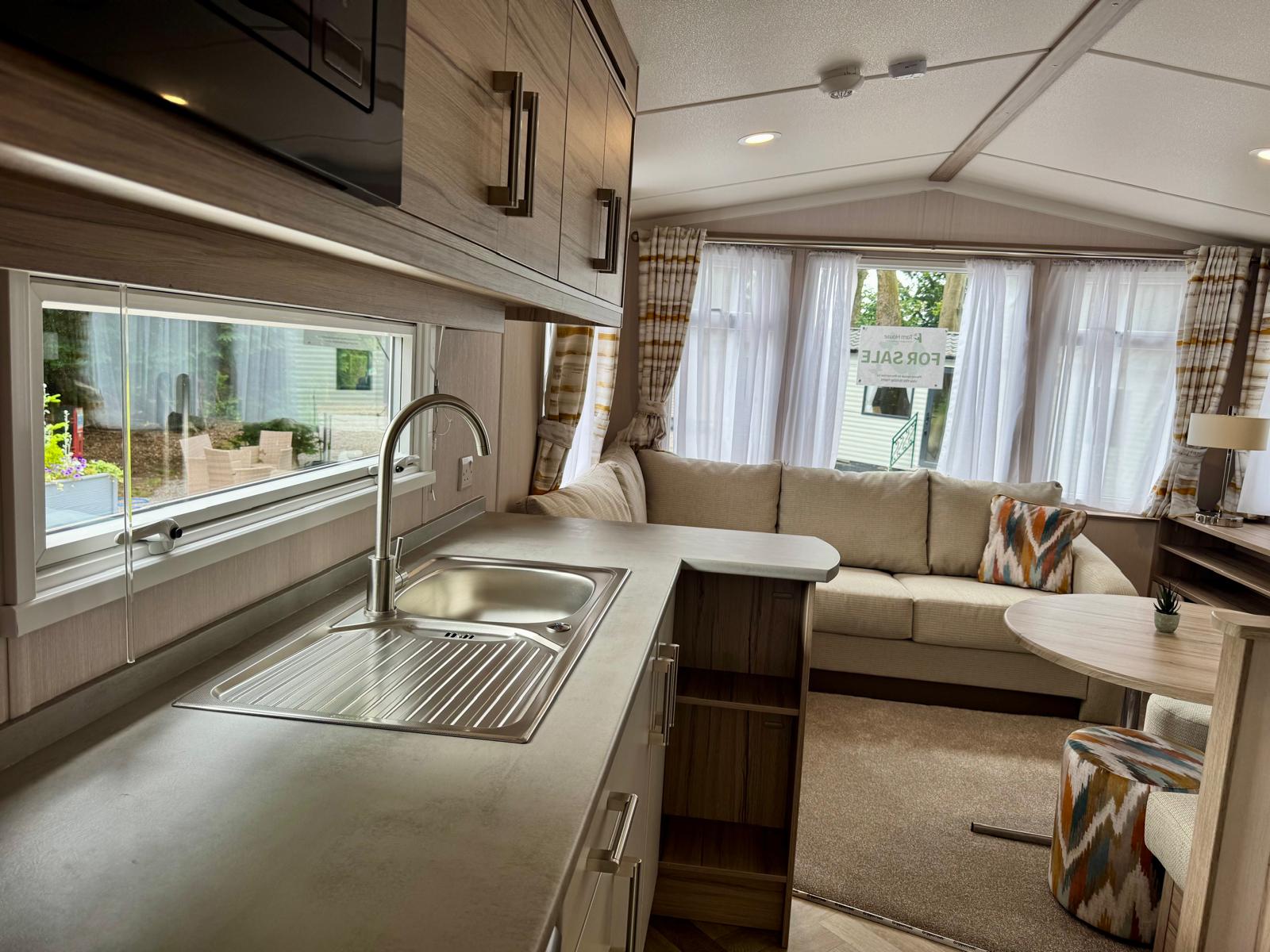 Gally kitchen and living area in the Swift Loire 2026 at Tarn House Holiday Park, Skipton