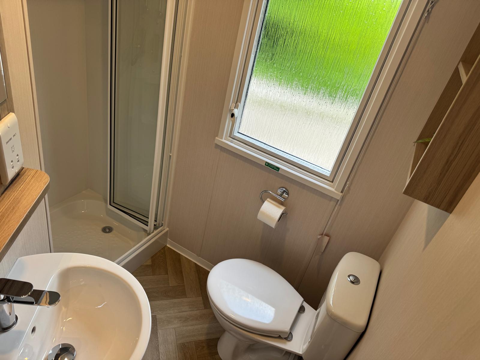 Family bathroom in the Swift Loire 2026 at Tarn House Holiday Park, Skipton