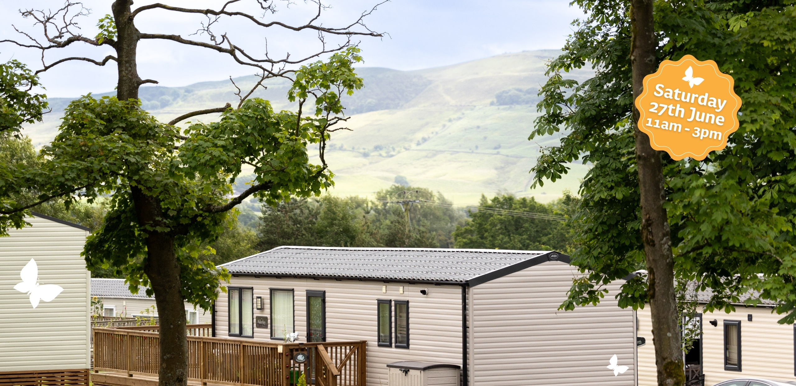 Banner advertising Saturday 27th June 11am - 3pm for our holiday home open day