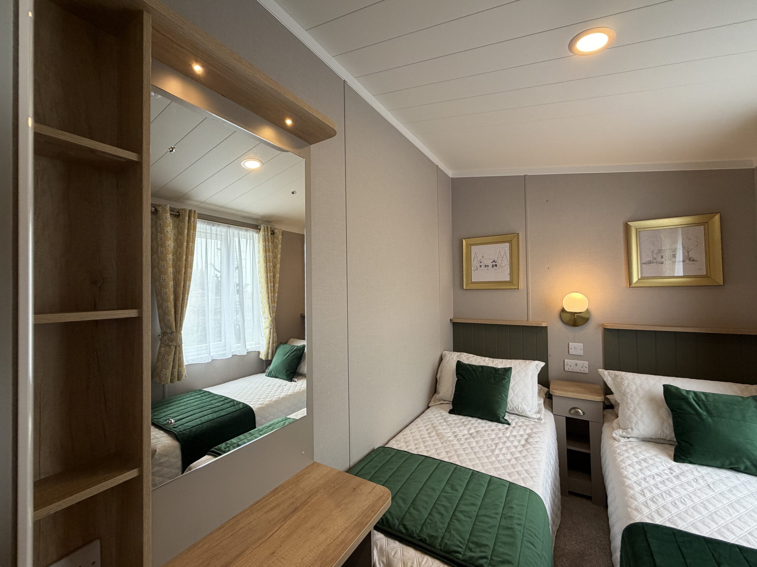 Image of the twin room with vanity area in the Swift Vendee Lodge 2026 at Broadwater Holiday Park, Partington's