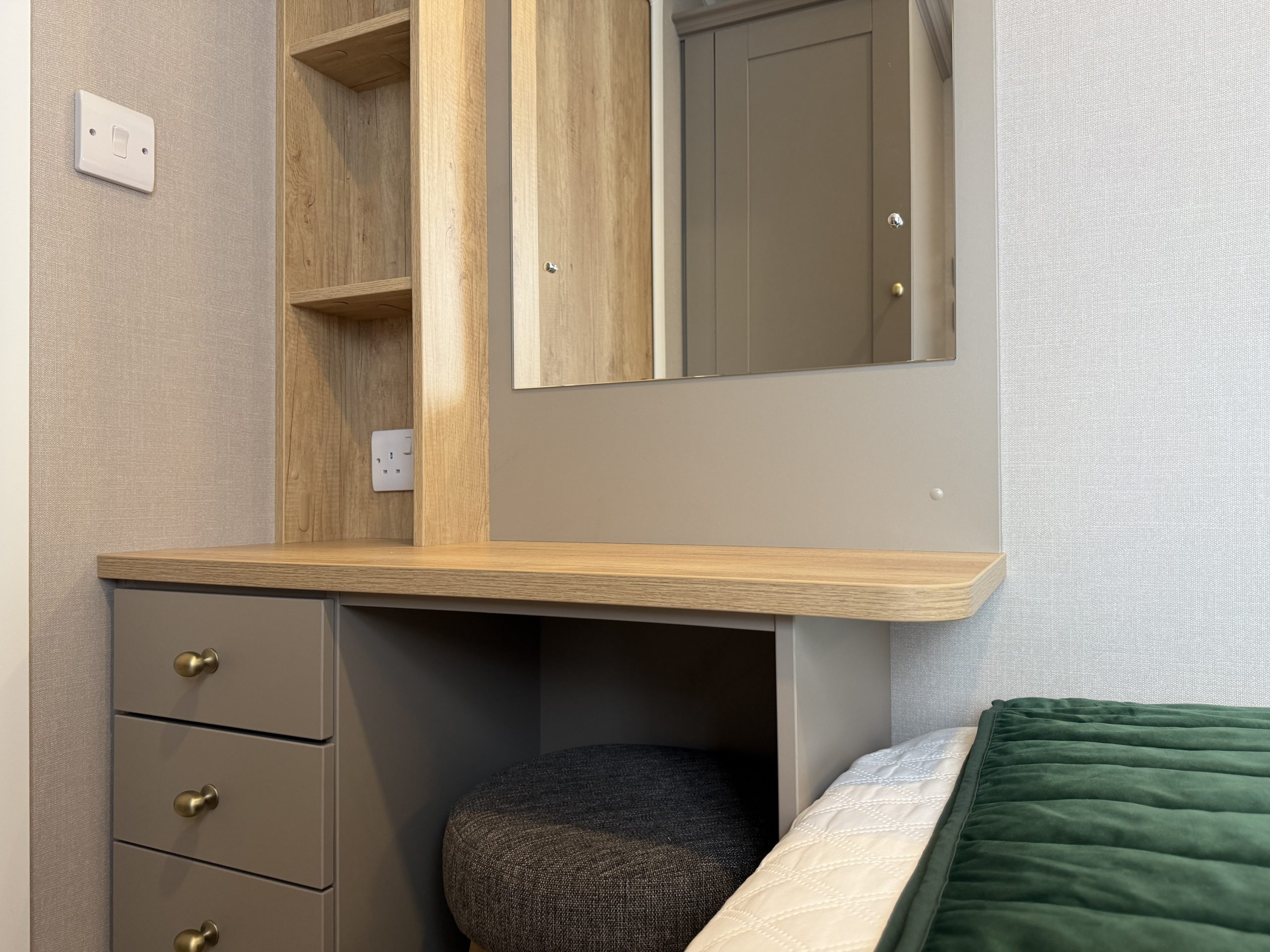 Image of the vanity area in the twin room in the Swift Vendee Lodge 2026 at Broadwater Holiday Park, Partington's