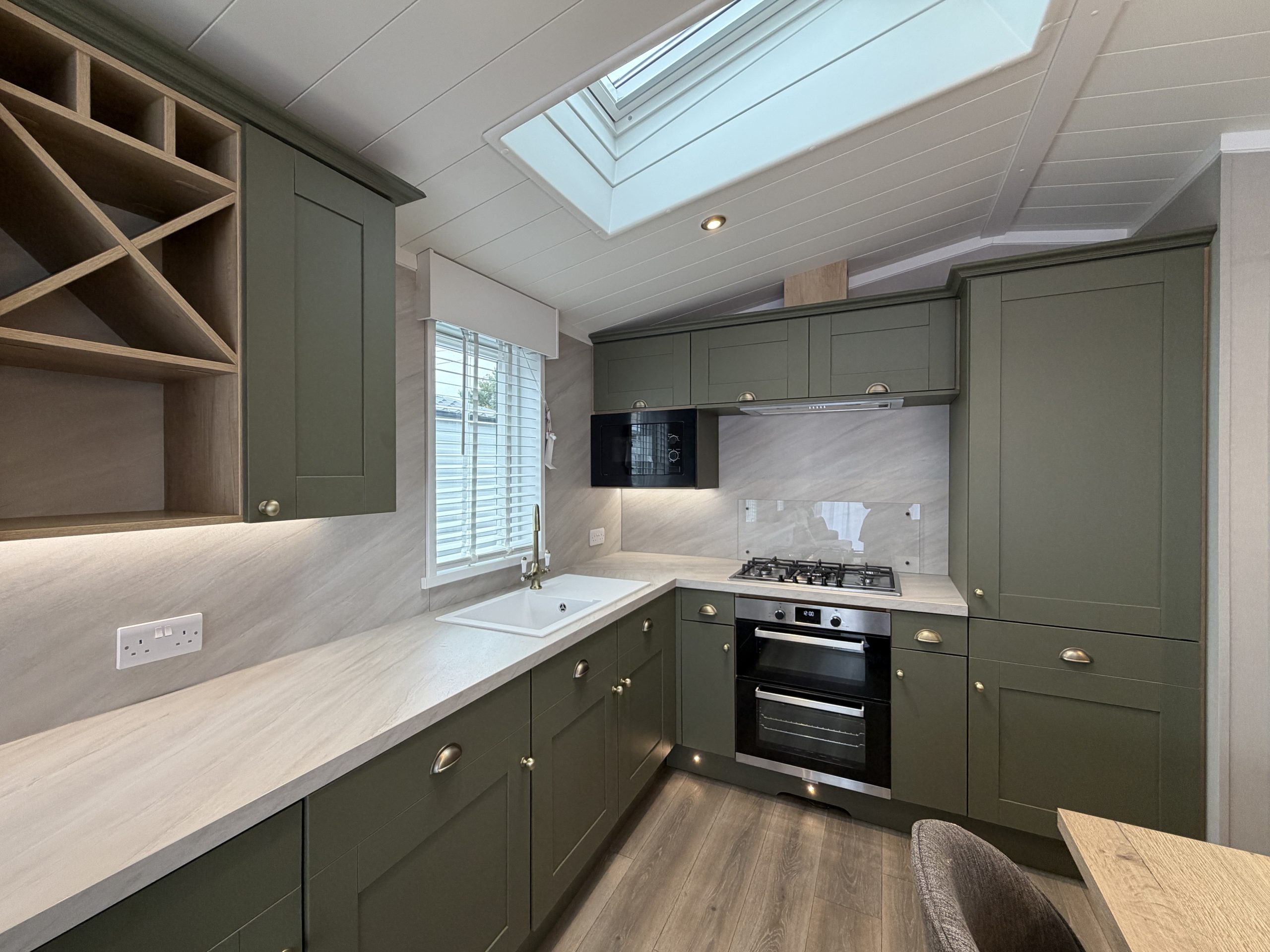 Photograph of the kitchen with skylight in the Swift Vendee Lodge 2026 at Broadwater Holiday Park, Partington's